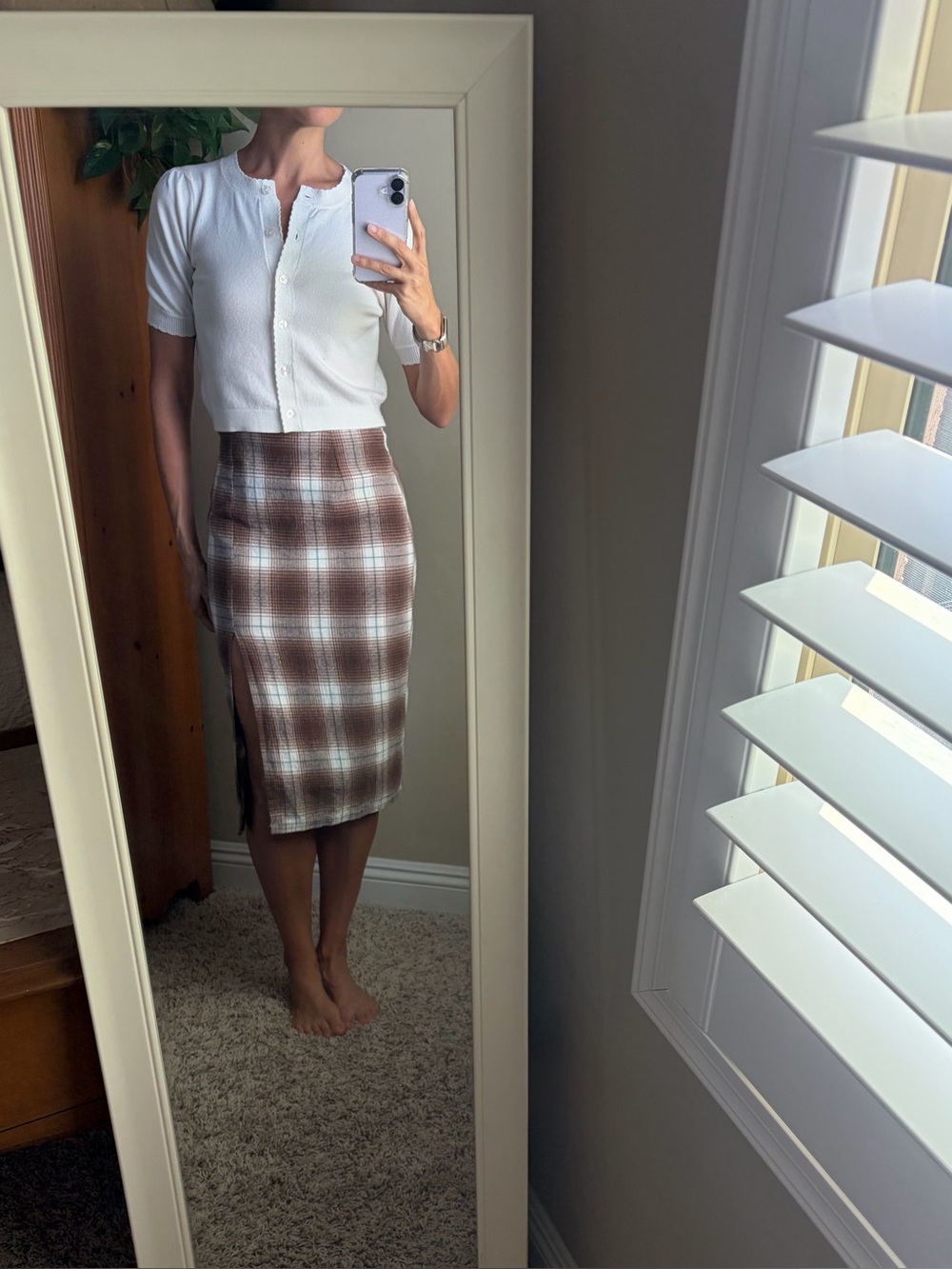 Plaid Midi Pencil Skirt in Brown and Cream XS